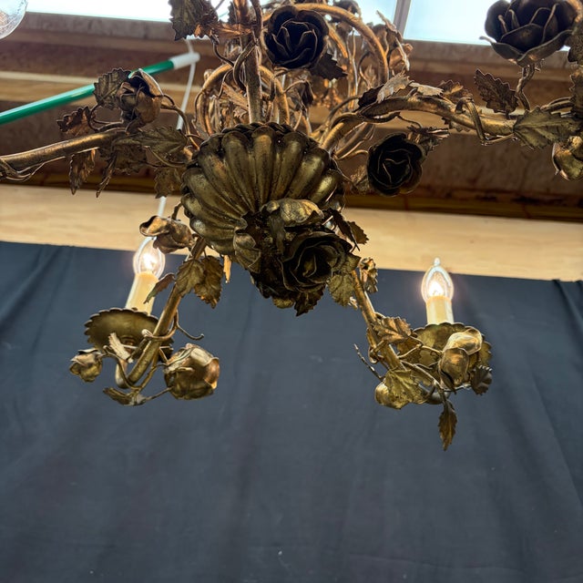 Gold Antique Scrolling Vines French Gold Tole Chandelier With Original Gilding For Sale - Image 8 of 10
