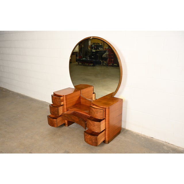 Donald Deskey Style Art Deco Burl Wood Vanity Dresser With Mirror, Circa 1930s For Sale In South Bend - Image 6 of 14