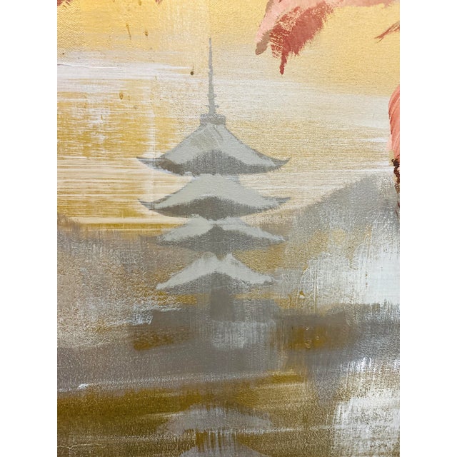 Mid-Century Modern Vintage Lee Reynolds for Vanguard Studios "Asian Sunrise" Pagoda Painting For Sale - Image 3 of 12