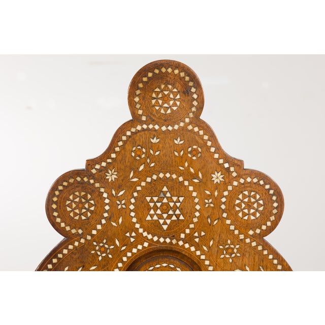 Brown Moroccan Richly Inlaid Armchair with Carved Back and Scrolling Arms, circa 1900 For Sale - Image 8 of 12