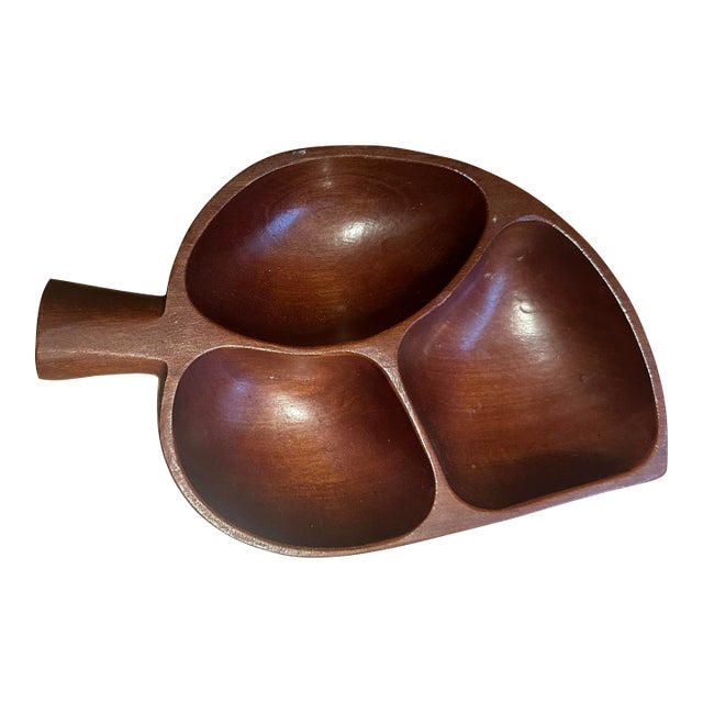 Vintage Rustic Teak Divided Serving Dish With Handle For Sale