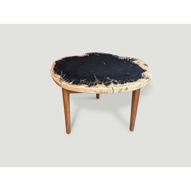 Andrianna Shamaris Palm Petrified Wood Side Table with Teak Base For Sale - Image 4 of 4