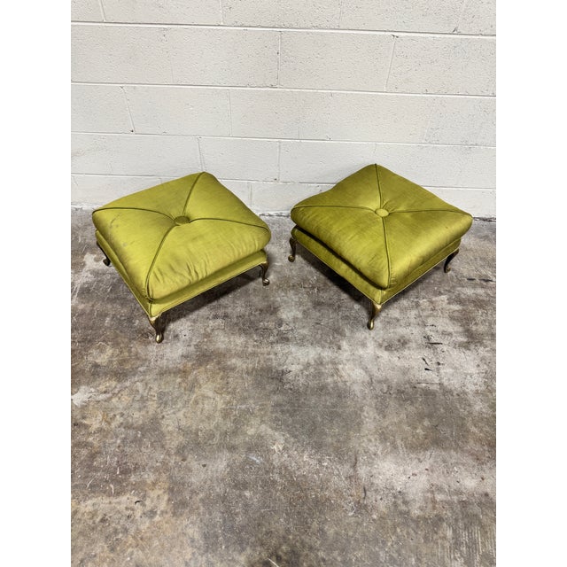 Hollywood Regency Hollywood Regency Olive Green Silk Button Tufted Footstools - A Pair For Sale - Image 3 of 12