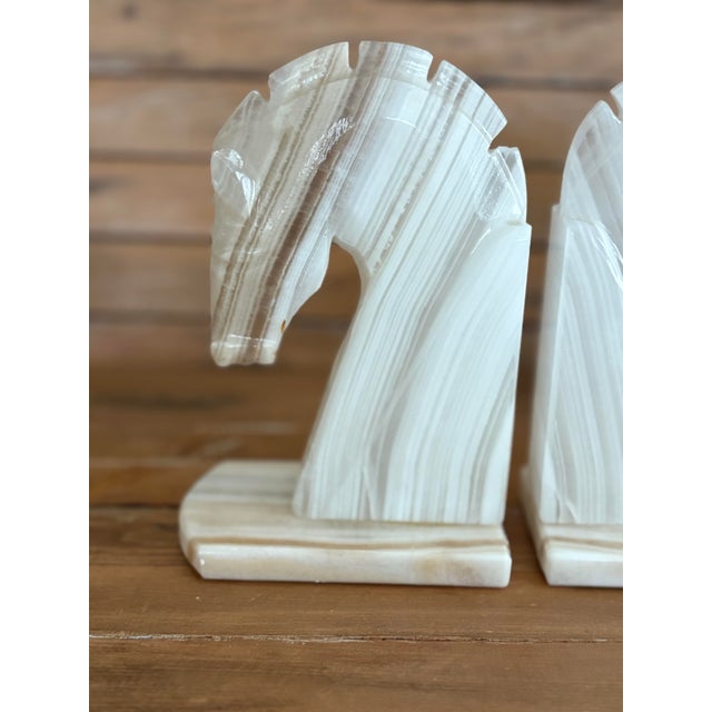 Taupe Vintage Onyx Horse Head Bookends – Cream & Taupe Striped Stone Pair, 6.5” For Sale - Image 8 of 11