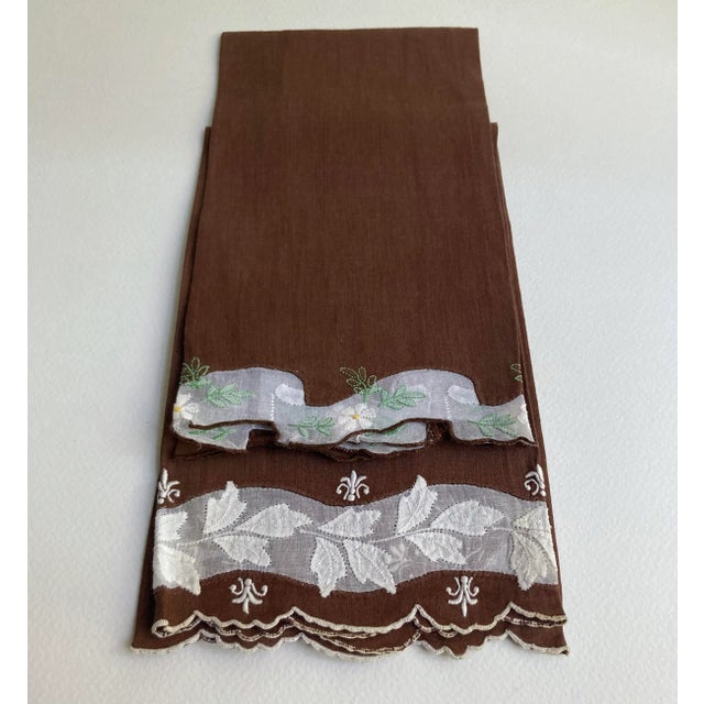 Mid 20th Century Scalloped Cocoa & White Embroidered Linen Tea Towels - Set of 2 For Sale - Image 5 of 13