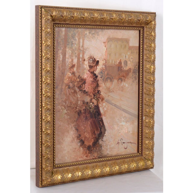 Softly rendered European street scene by an unknown artist (20th Century). A group of well-dressed women are standing at...