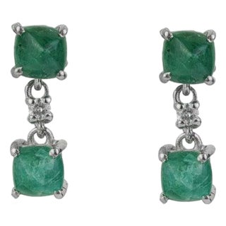 Elegant Emerald and Diamond Dangle Drop Earrings in Sterling Silver, A Pair For Sale