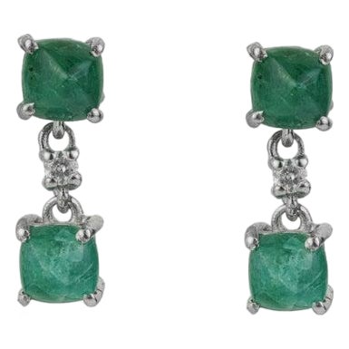 Elegant Emerald and Diamond Dangle Drop Earrings in Sterling Silver, A Pair For Sale