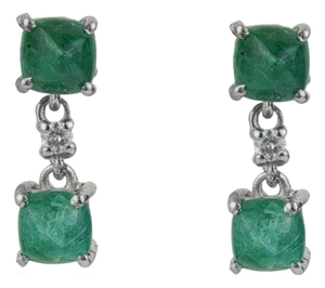 Elegant Emerald and Diamond Dangle Drop Earrings in Sterling Silver, A Pair