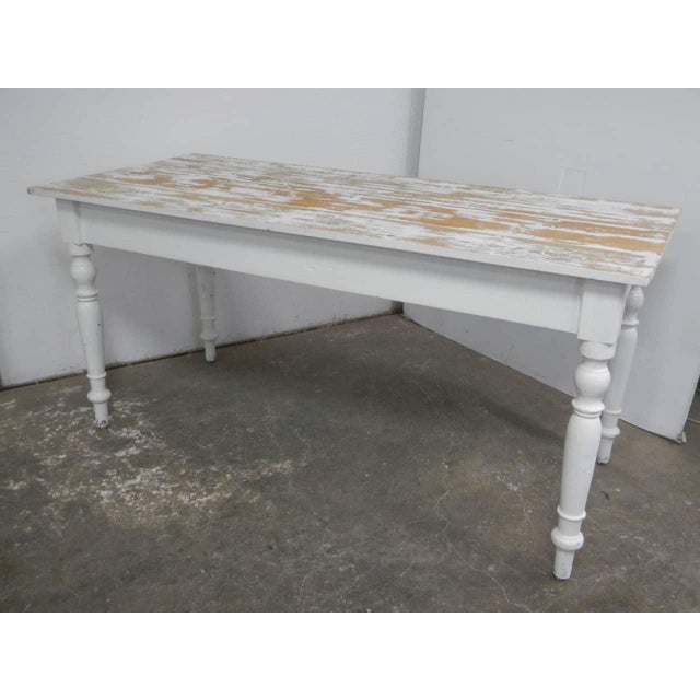 Made of white-stained fir wood. The seat width is 66 cm. Signs of use.