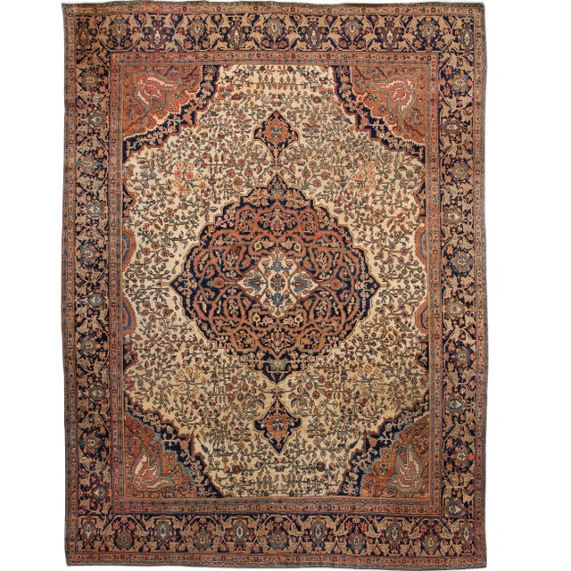 Antique Beige Sarouk Farahan Persian Handmade Wool Rug For Sale