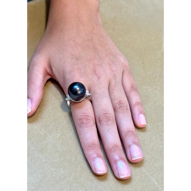 15MM Round Black Tahitian Pearl & Diamond Platinum Ring Size 5.5 For Sale - Image 11 of 18
