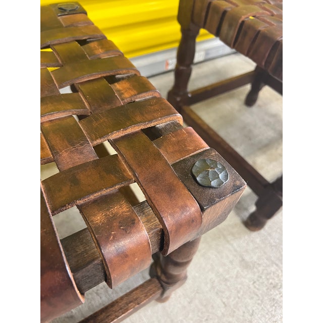 Pair of Vintage Leather Strap Stools For Sale - Image 4 of 8