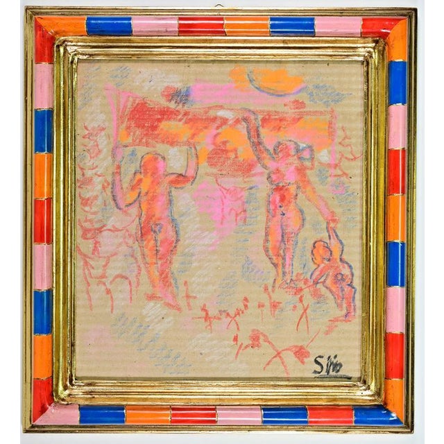 Sirio Pellegrini, Celebration Drawing, 1960s, Charcoal and Oil Pastel on Cardboard For Sale - Image 4 of 4