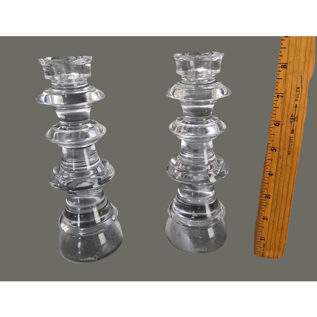 Vintage Elegant Pair Crystal Candlesticks Stacked Geometric Tower Design Marked For Sale - Image 6 of 8