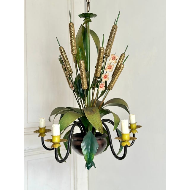 French Country Tole Botanical Five-Light Chandelier with Cattails and Flowers, 1960s For Sale - Image 4 of 17
