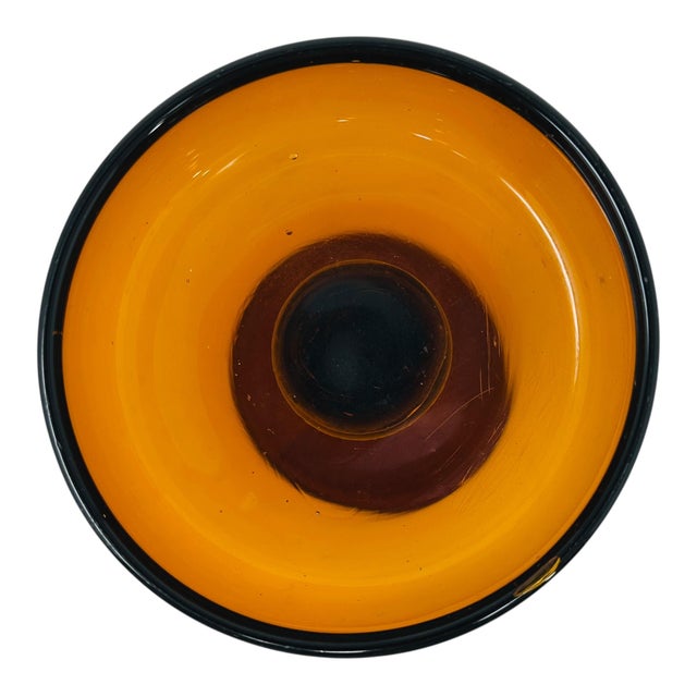 Glass Vintage Mid-Century Modern Amber Glass Compote Dish | Italian Empoli Style Pedestal Candle Holder | MCM Home Decor | Blown Glass Centerpiece For Sale - Image 7 of 8