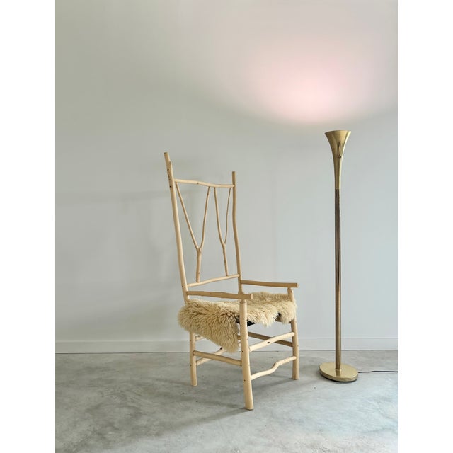 Tall Artist-Made Studio Craft Twig Chair + Woven Checkerboard Seat + Sheepskin For Sale - Image 11 of 17