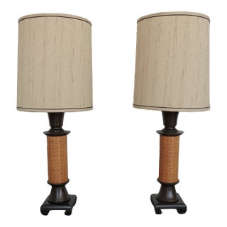 Vintage Rattan Column Table Lamps - Set of 2 For Sale