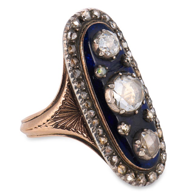 Mid 19th Century Mid 19th Century Georgian Rose Cut Diamond 18k Rose Gold and Silver Navette Enamel Ring, Size 7.25 For Sale - Image 5 of 5