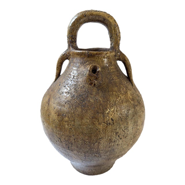 Antique French Glazed Terracotta Walnut Oil Jug (Cruche) With Four Handles, C. 1900 For Sale