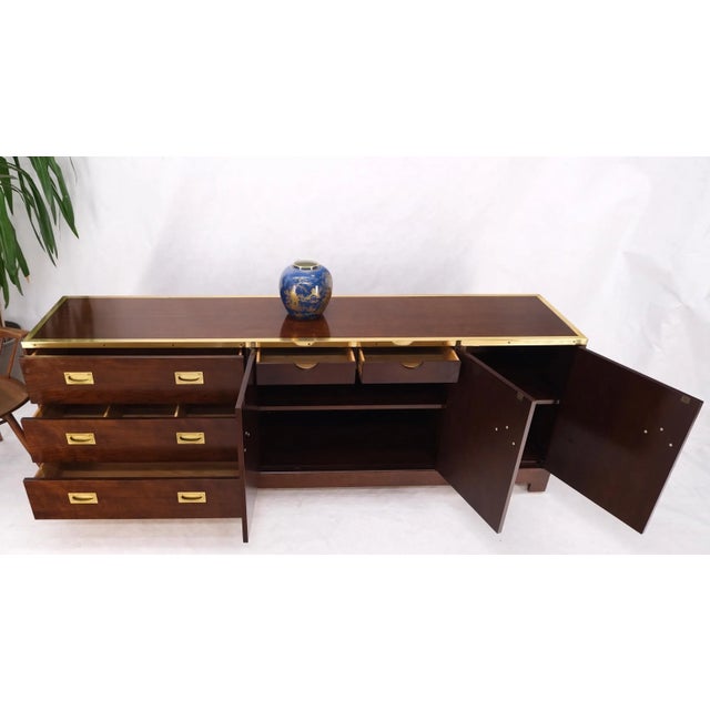 Campaign Style Brass Walnut Mid Century Drawers Doors Compartment Long Credenza For Sale - Image 11 of 13