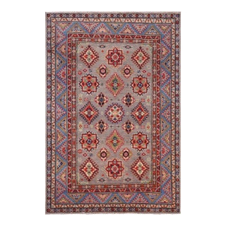Rustic Kazak Southwestern Gray/Light Blue Wool Rug - 4'2''x6'1'' For Sale