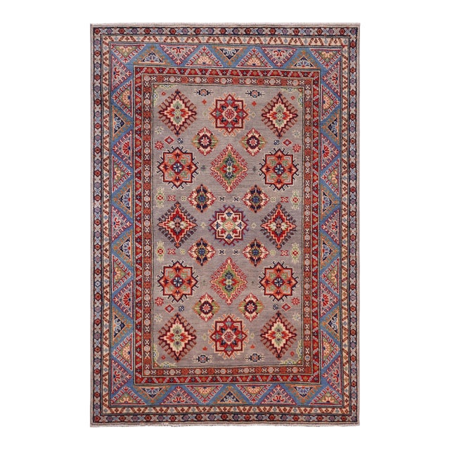 Rustic Kazak Southwestern Gray/Light Blue Wool Rug - 4'2''x6'1'' For Sale