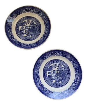 Porcelain Blue & White Blue Willow Plates, Pair