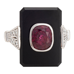 Mid 20th Century Ruby Onyx Diamond Platinum Cocktail Ring Size 4.5