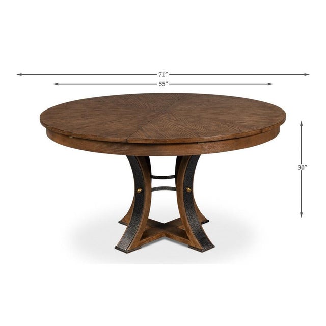 Transitional Round Dining Table, Medium - Light Brown Oak With Hammered Iron Accents For Sale - Image 11 of 11