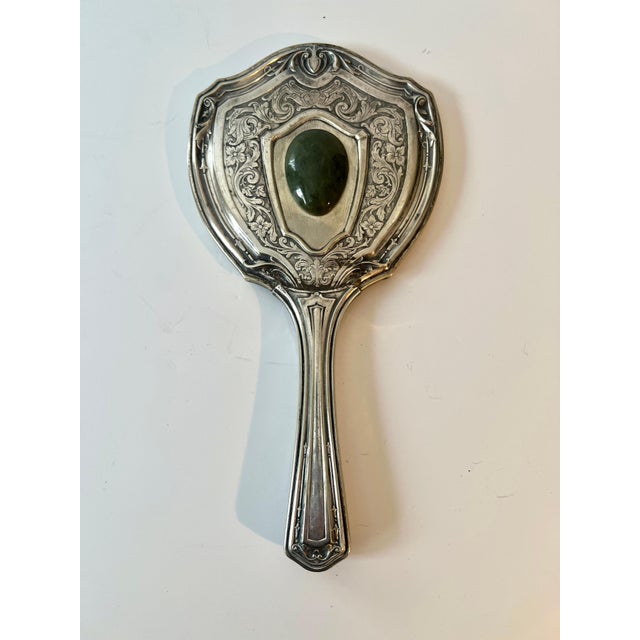 German Silver Victorian Hand Mirror with Jade Detail For Sale In Los Angeles - Image 6 of 7