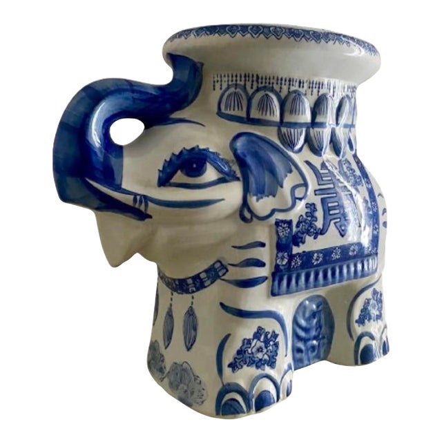 Vintage Ceramic Chinoiserie Blue & White Elephant Plant Stand or Garden Stool For Sale