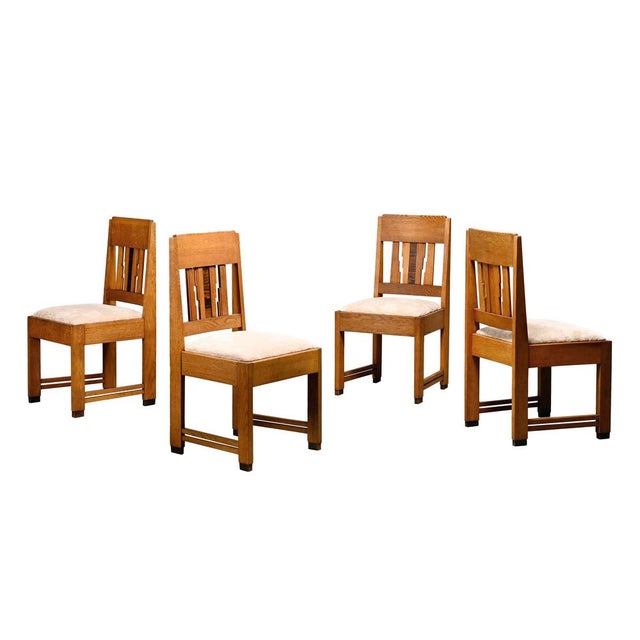 Dutch Art Deco Amsterdam School Dining Chairs in Oak and Light Fabric, 1930s, Set of 4 For Sale - Image 16 of 16