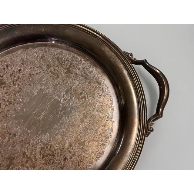 Silverplate Engraved Round Handled Tray, Vintage For Sale - Image 11 of 12