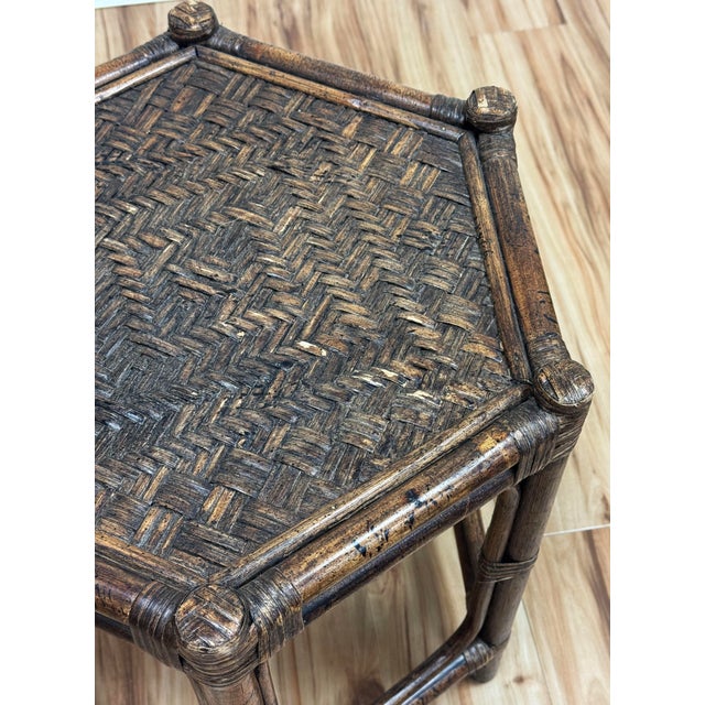 Wood Vintage Hexagonal Rattan and Woven Wicker Side Table For Sale - Image 7 of 7