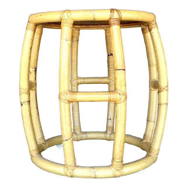 Vintage Coastal Rattan Low Stool For Sale