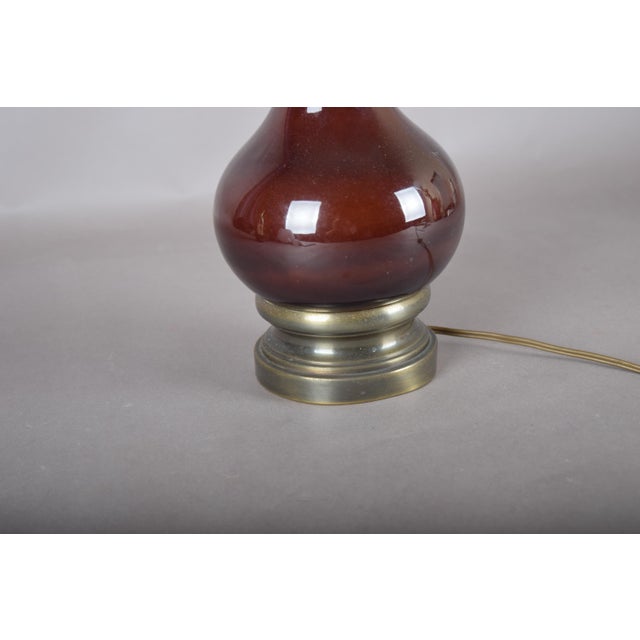 Amber-Brown Glass and Brass Table Lamp with Etched Glass Globe, 1950s For Sale - Image 15 of 18