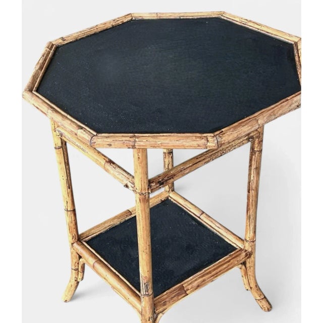 Vintage Coastal Bamboo Octagonal End Table With Black Inset Shelves For Sale In Los Angeles - Image 6 of 18