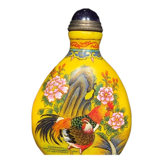 Late 19th Century Glass Snuff Bottle With Painted Rooster and Flower Motif, 150g For Sale