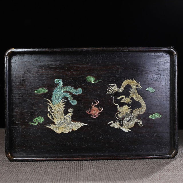 Chinese Vintage Chinese Rosewood Tea Tray | Mother-of-Pearl Inlaid Dragon & Phoenix Motif For Sale - Image 3 of 9