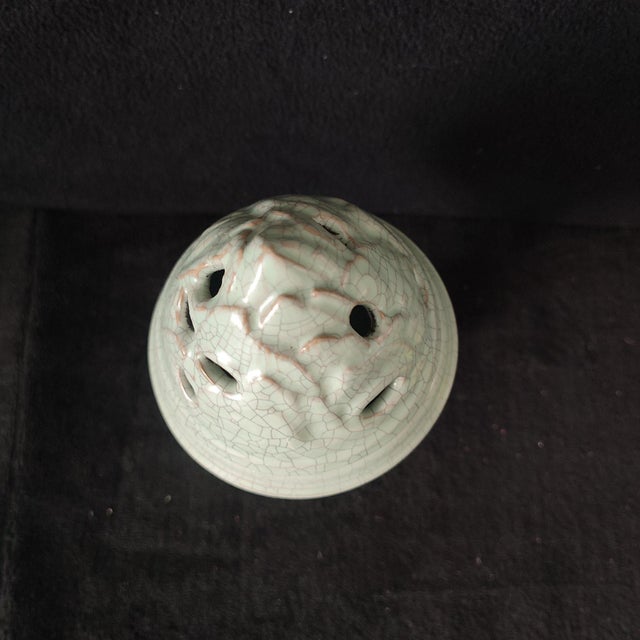 Chinese Ceramic Censer,Guan Ware Crackle Glaze Celadon Porcelain Incense Burner Hand Carved Flowers Pattern For Sale - Image 4 of 10