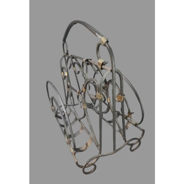 Traditional Late 20th Century Vintage Wrought Iron Charcoal Gray Brass Detail Magazine Holder Rack For Sale - Image 3 of 7