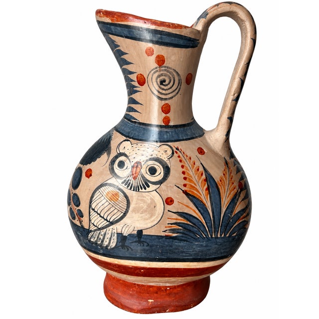 Mexican Folk Art Hand-Painted Owl and Floral Pottery Pitcher For Sale - Image 4 of 14