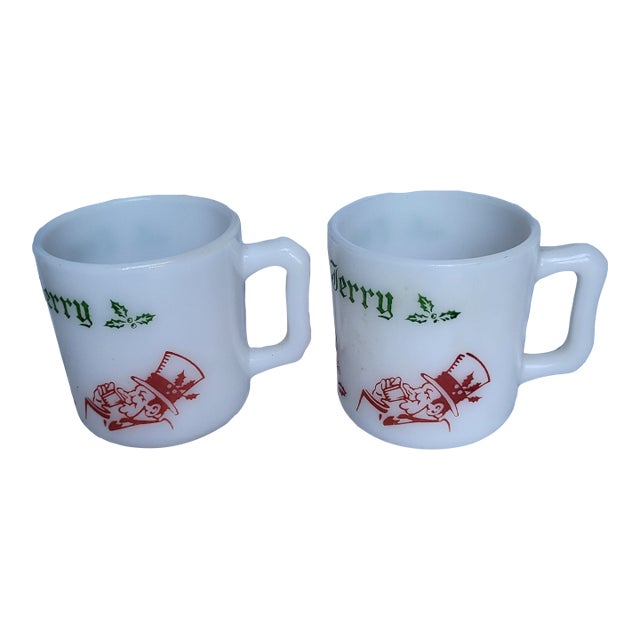 1930s Christmas Holiday Tom and Jerry Milk Glass Mugs For Sale
