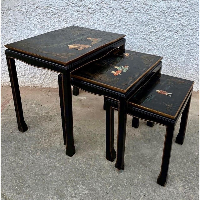 1960s Set of Three Antique Chinese Lacquered Nesting Tables For Sale - Image 4 of 11