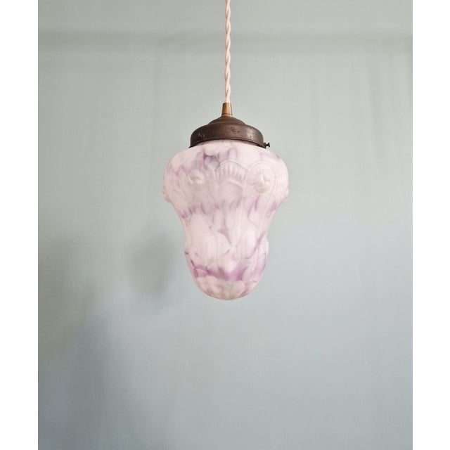 Bauhaus Art Deco Pendant Light in Speckled White and Purple Glass, 1920s For Sale - Image 3 of 12