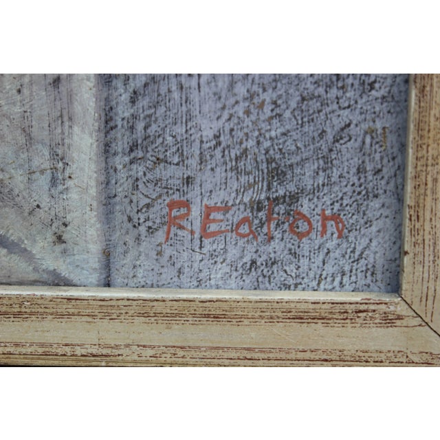 Muted abstract painting in red, blue, and grey abstract painting by artist Robert B. Eaton in 2005.