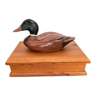 Vintage Folk Art Pine Wood Lidded Box With Mallard Duck Decoy For Sale