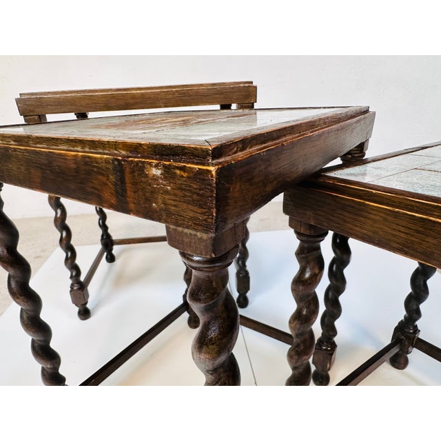 Nesting Tables with Hand-Painted Ceramic Tiles and Barley Twist Legs, Sweden, 1930s, Set of 3 For Sale - Image 10 of 18